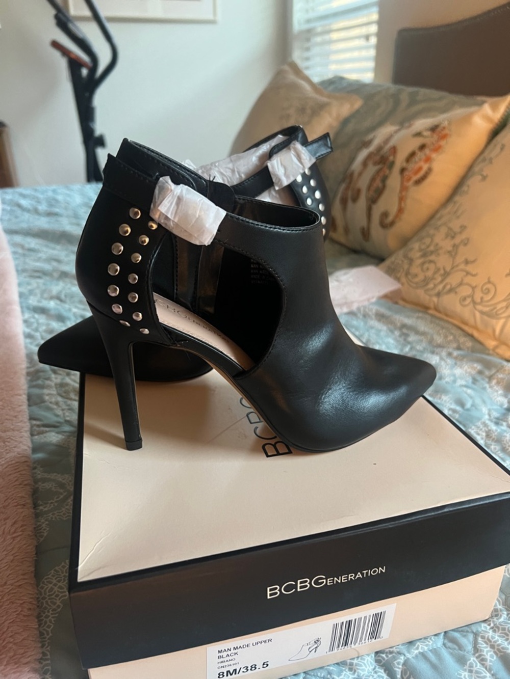 BCBGeneration Black Studded Cutout Pointed Stiletto Booties